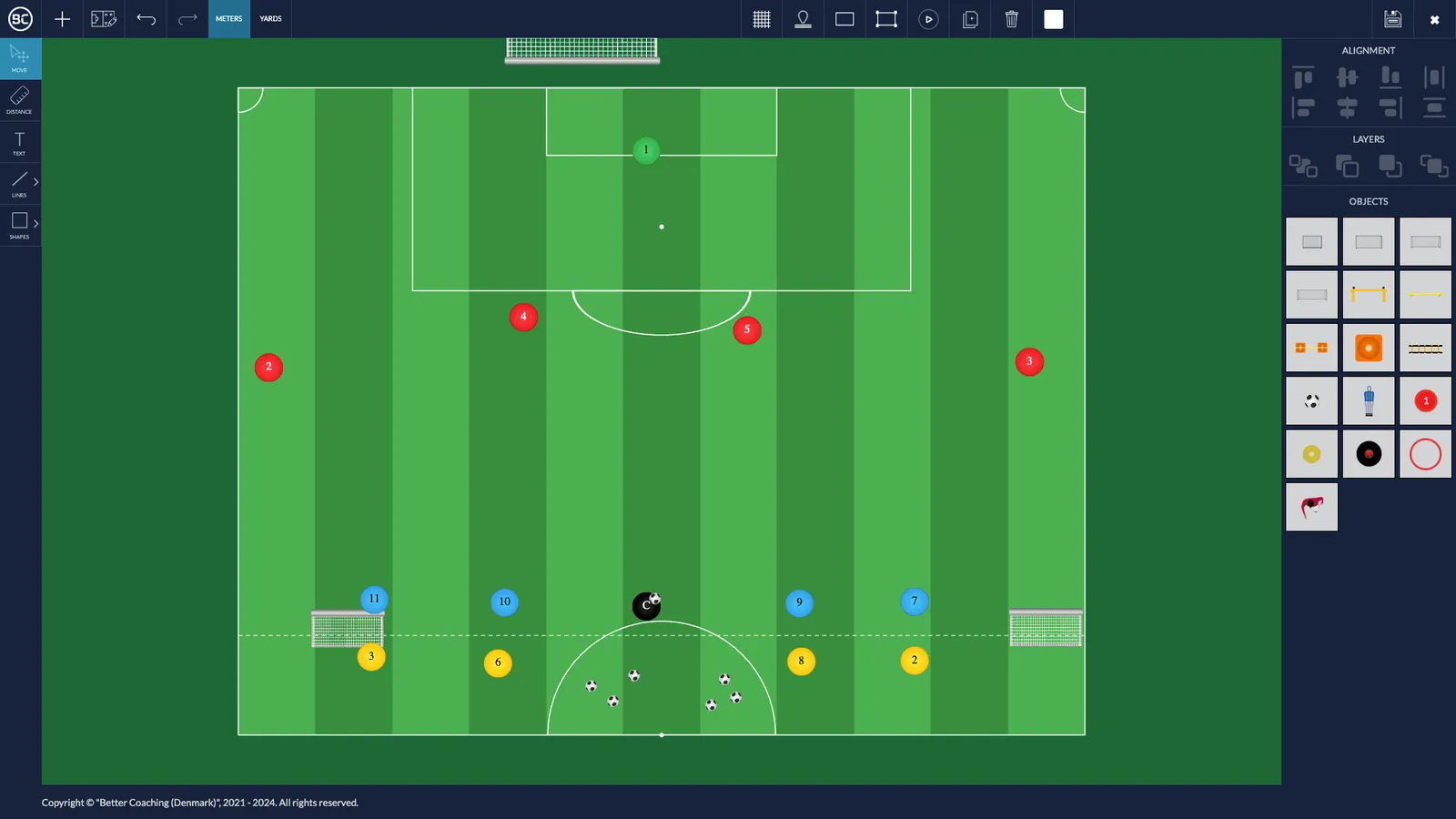 Drill builder with a pitch layout, numbered player markers, goals, balls, and an equipment palette