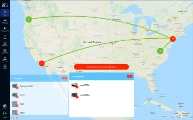 Loni.ai web app map of a US network with circuits between sites, a problems banner and per-site device lists