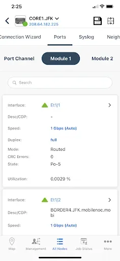 Mobile app Ports tab for a core router listing interfaces with speed, duplex, mode, CRC errors and utilization