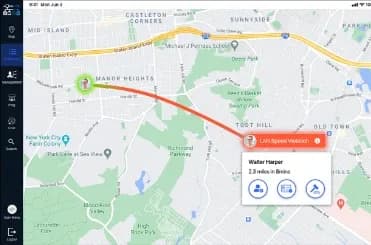 City map with a connection flagged for a LAN speed violation and a details card with quick actions