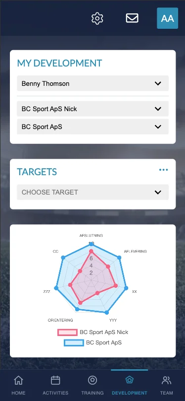 Mobile My Development screen with a target selector and a radar chart comparing two sets of a player's skill ratings
