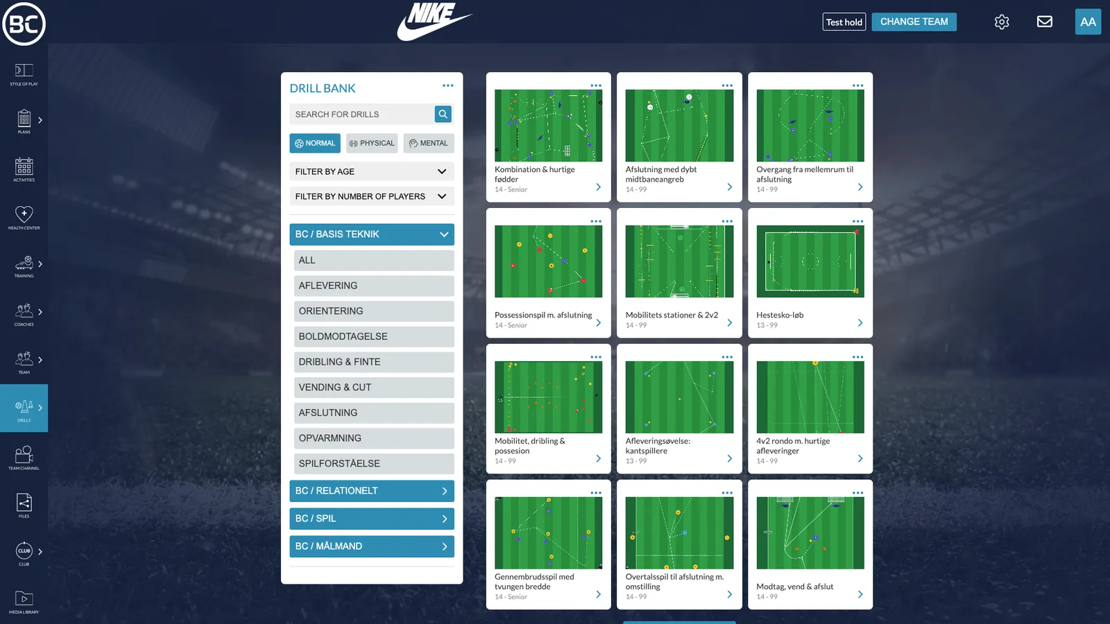 Drill bank with category filters and a grid of drill cards showing pitch diagrams and age ranges