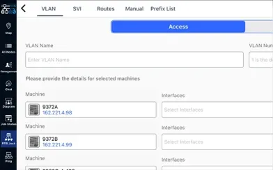 Loni.ai VLAN configuration form for applying an access VLAN to interfaces on two selected switches