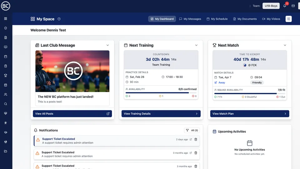 Better Coaching web app dashboard showing club messages, next training, next match, and notifications