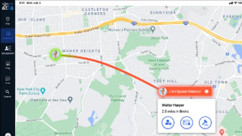 Loni.ai map view showing a tracked route and a speed-violation alert
