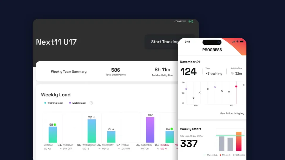 Next11 coach dashboard on tablet and player progress screen on mobile
